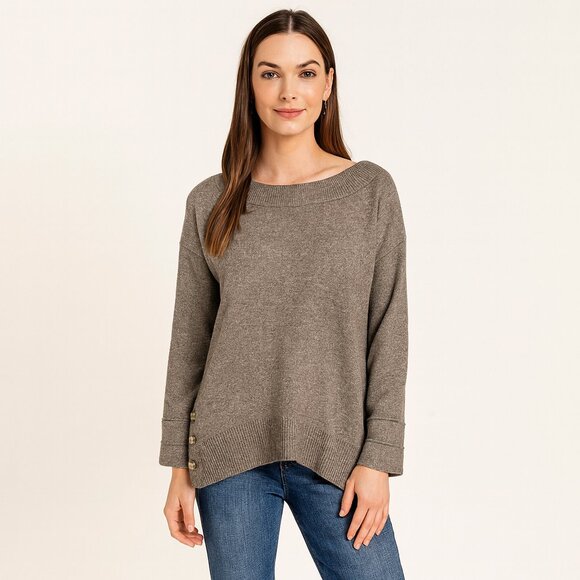 Democracy NEW Grey Cozy Knit Button Side Sweater Soft Stretchy Pullover Size S - Picture 1 of 9